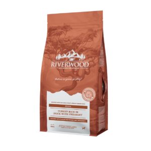 Riverwood puppy Kalkoen & Eend met Fazant is graanvrij puppyvoer dat een gezonde groei en ontwikkeling ondersteunt.