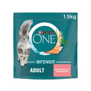 Purina ONE Adult Zalm ondersteunt gezonde urinewegen, een glanzende vacht en sterke botten.