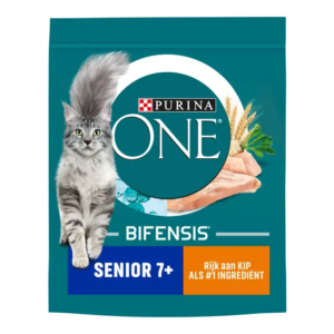 Purina ONE Senior 7+ Rijk aan Kip en Volkoren Granen kattenvoer ondersteunt weerstand, spieren en vitale functies bij katten vanaf 7 jaar.
