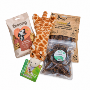 Cadeau pakket Hond Small met speelgoed en lekkere snacks. Een feestelijke verrassing voor je eigen hond, een puppy of om cadeau te geven.