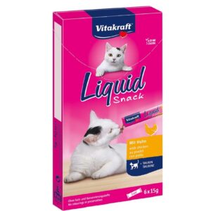 Vitakraft Liquid Snack Kat Kip & Taurine is een smakelijke vloeibare snack die hart en ogen ondersteunt, ideaal als beloning of topping.