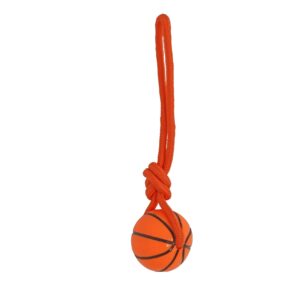 Drijvende basketbal TPR oranje 8cm met touwlus voor trek- en apporteerspelletjes met jouw hond