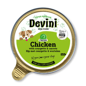 Devini Chicken 85gr is een graanvrije natvoeding met kip, courgette en Groenlipmosselen, geschikt voor honden van alle leeftijden.