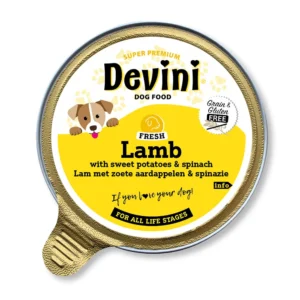 Devini Lamb 85gr is een graanvrije natvoeding met lamsvlees, zoete aardappel en spinazie, geschikt voor honden van alle leeftijden.