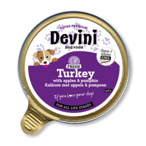 Devini Turkey 85gr is een graanvrije natvoeding met kalkoen, pompoen en appel, geschikt voor honden van alle leeftijden.