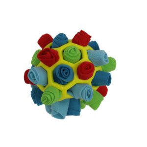Snuffelbal voor Snacks TPR geel 13cm, uitdagend hondenspeeltje om snacks te verstoppen. Stimuleert instinct, beweging en speelplezier.