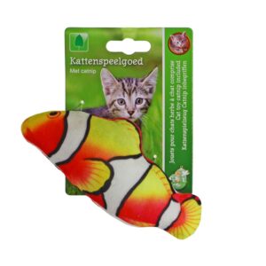 Clownvis met Catnip en Bel 15cm is een zacht kattenspeeltje dat jachtinstinct en speelplezier stimuleert.