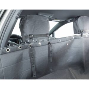 Auto achterbankhoes deelbaar 1,45 × 1,60 m, robuust polyester met ritssluiting en gordeluitsparingen, ideaal voor hond én passagier.
