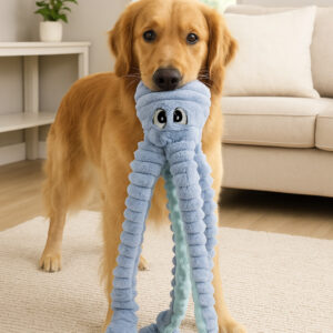 Hondenknuffel Octopus Corduroy met Piep Blauw 40-65 cm is een zachte en stevige hondenknuffel met pieper en speelse armen.