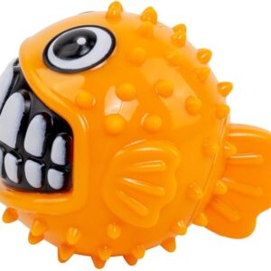 Rogz Toyz Grinz Puffer Fish Fetch Ball Orange is een stevige, opvallende apporteerbal met grappig design voor uren hondenspeelplezier