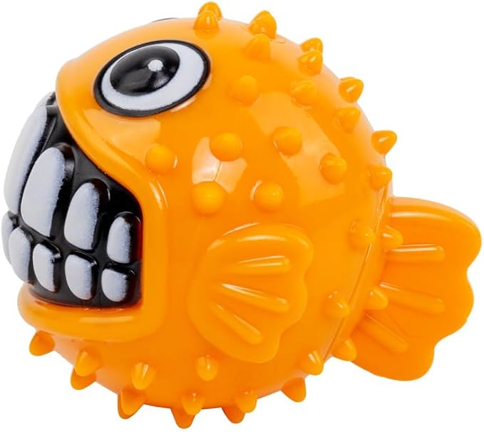51UHFYQs9L. AC SX679 Rogz Toyz Grinz Puffer Fish Fetch Ball Orange is een stevige, opvallende apporteerbal met grappig design voor uren hondenspeelplezier