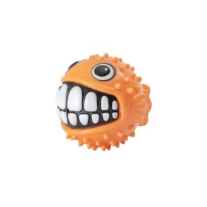 Rogz Toyz Grinz Puffer Fish Fetch Ball Orange is een stevige, opvallende apporteerbal met grappig design voor uren hondenspeelplezier