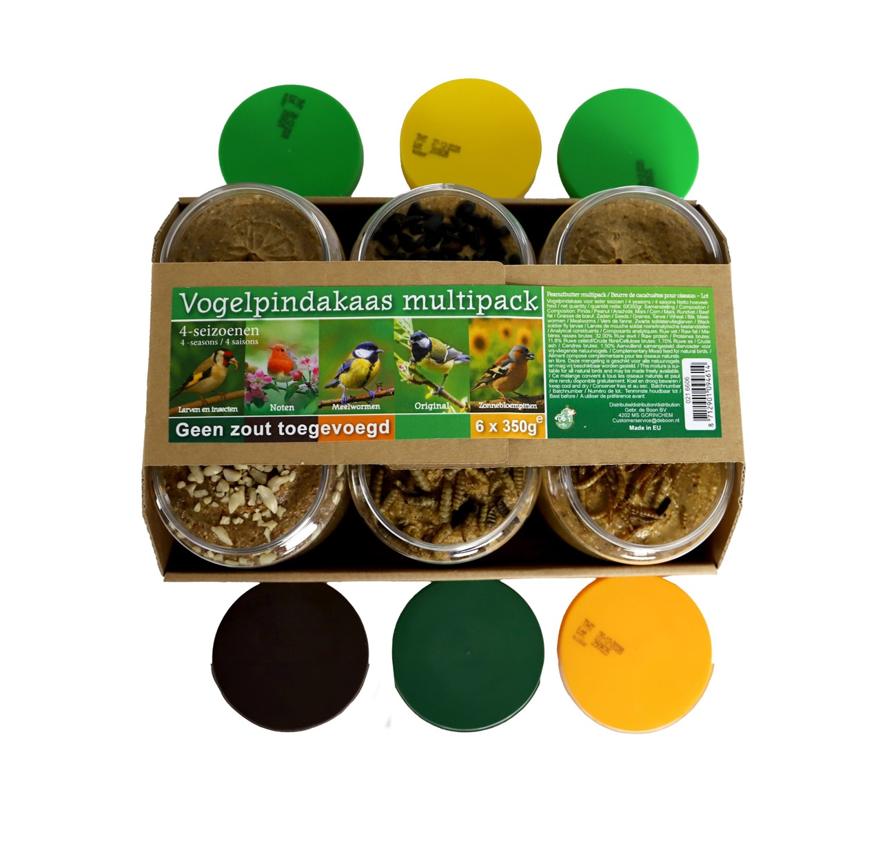 0216606 2 vogelpindakaas multipack met 6 smaken, speciaal voor vogels, zonder zout en boordevol energie en essentiële voedingsstoffen.