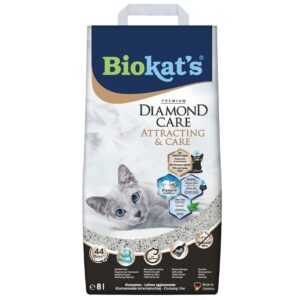 Biokat's Diamond Care Attracting & Care is een klontvormende kattenbakvulling met actieve kool die katten actief aantrekt.