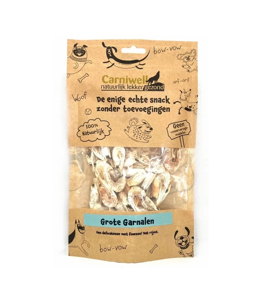 grote garnalen in zak 512x768 21429f52 Carniwell grote garnalen zijn een natuurlijke, graanvrije hondensnack boordevol vitamines, laag in vet en perfect als gezonde beloning.
