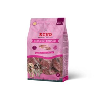 Kivo Portieverpakking Hert en Geit Compleet is een complete rauwe maaltijd met hypoallergene eiwitbronnen, ideaal bij voedselgevoeligheid.
