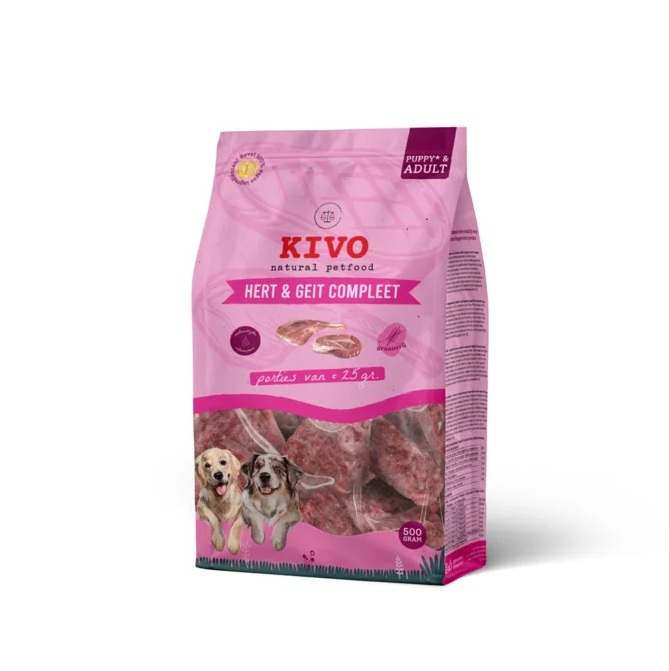 55337adbc85447bd4847486ea71d77479cd79f48 Kivo Portieverpakking Hert en Geit Compleet is een complete rauwe maaltijd met hypoallergene eiwitbronnen, ideaal bij voedselgevoeligheid.