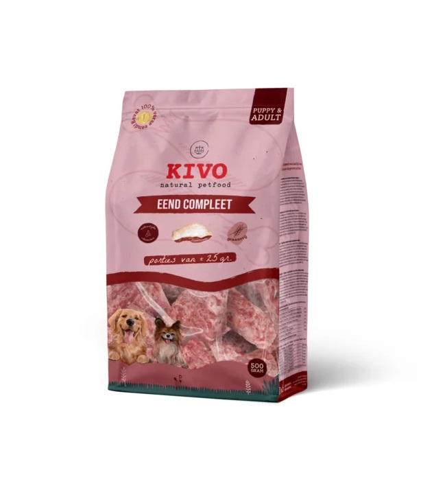9cf824759715df6df0493468e80e038c2ca122d6 Kivo Portieverpakking Eend Compleet 500 gram is een complete rauwe maaltijd met eend, boordevol natuurlijke voedingsstoffen.
