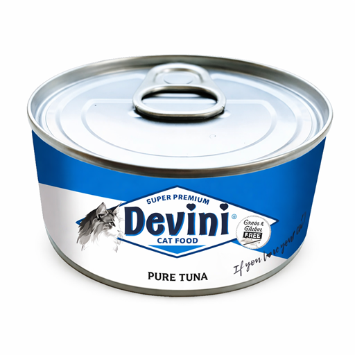 ChatGPT Image 8 jan 2026 20 33 44 Devini Pure Tuna 70 gram is graanvrij natvoer met 100% tonijn, perfect voor katten met een gevoelige spijsvertering.