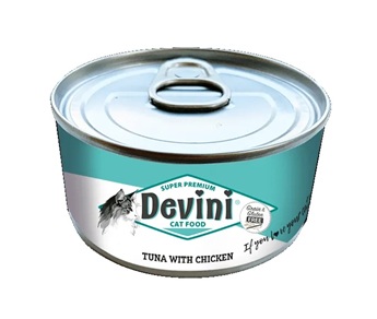 tunawchicken 1920w Devini Tuna and Chicken 70 gram is graanvrij natvoer met tonijn en kip, ideaal voor kieskeurige katten.