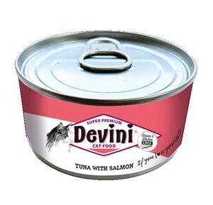 Devini Tuna and Salmon 70 gram is graanvrij natvoer met tonijn en zalm, rijk aan omega vetzuren.