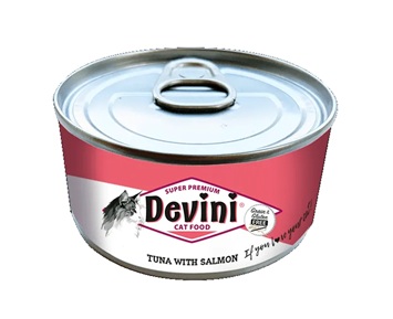 tunawsalmon kopie 1920w Devini Tuna and Salmon 70 gram is graanvrij natvoer met tonijn en zalm, rijk aan omega vetzuren.