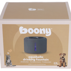 Drinkfontein Aquabella is een elektrische drinkfontein met filter en LED-verlichting, wat zorgt voor altijd fris drinkwater voor katten en kleine honden.