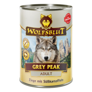 Wolfsblut Grey Peak is compleet, graanvrij natvoer met geit en zoete aardappel, ideaal voor gevoelige volwassen honden.