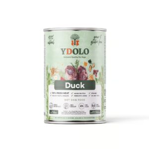 YDOLO Natvoer Duck 400gr met 90% vers vlees is hypoallergeen, graanvrij en zeer rijk, waardoor je minder hoeft te voeren.