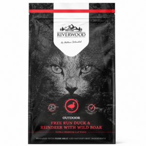 Riverwood Outdoor Eend & Rendier met Everzwijn is graanvrije, hypoallergene voeding voor actieve buitenkatten.