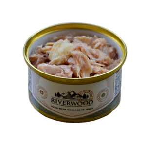 Riverwood Caviar Tuna with Grouper 85gr is natuurlijk natvoer met tonijn en zaagbaars in gelei voor katten.