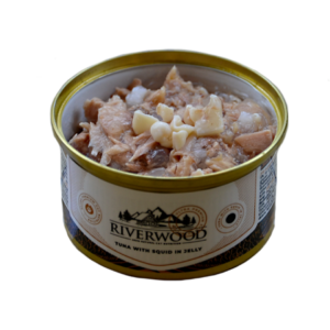 Riverwood Caviar Tuna with Squid in Jelly 85gr met tonijn en inktvis in gelei. Natuurlijke natvoeding voor kieskeurige katten.