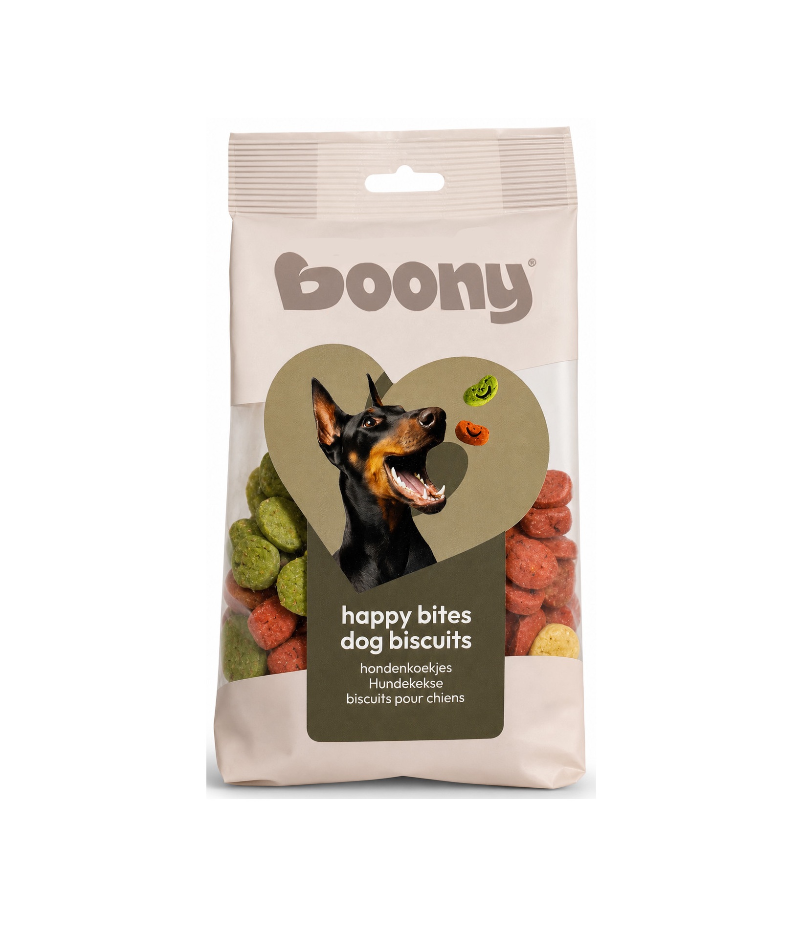 0223043 Hondenkoekjes Happy Bites zijn vrolijke smileykoekjes voor honden, ideaal als beloning of tussendoortje.