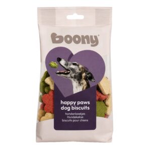 Hondenkoekjes Happy Paws zijn smakelijke hondenkoekjes in pootvorm, ideaal als beloning of tussendoortje.