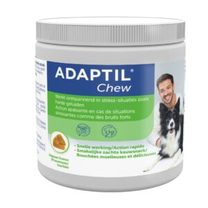 Adaptil Chew ondersteunt honden bij stressvolle situaties met natuurlijke ingrediënten en werkt binnen ongeveer 30 minuten.