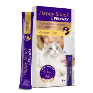 CV12787 Feliway Happy Snack Kip 11 x 6 x 15 gr Feliway Happy Snack is een romige kattensnack met alfa-casozepine die ontspanning ondersteunt bij stressvolle situaties.