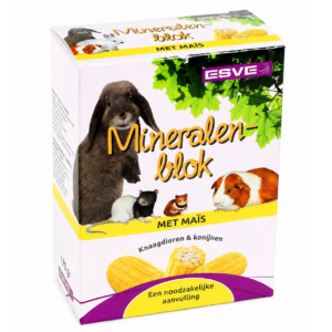 Natuurlijk mineralenblok met maïs voor konijnen en knaagdieren. Ondersteunt sterke botten, een gezonde vacht en helpt de natuurlijke knaagbehoefte te bevredigen.
