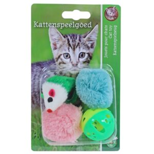 Kattenspeelgoed Knisperbal, Plastic Bal en Muis bevat 4 verschillende speeltjes voor afwisselend en actief speelplezier.