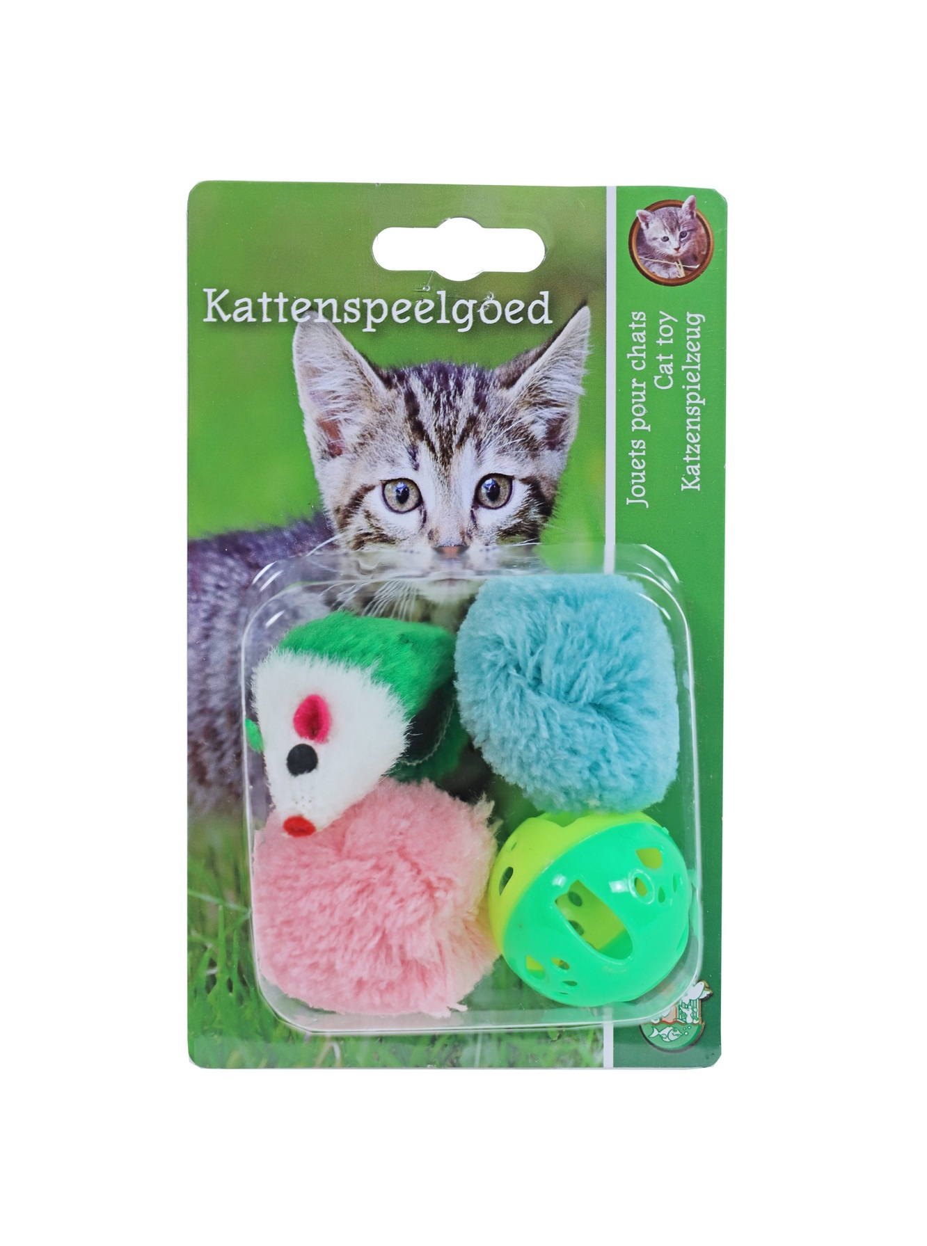 0215246 scaled 1 Kattenspeelgoed Knisperbal, Plastic Bal en Muis bevat 4 verschillende speeltjes voor afwisselend en actief speelplezier.