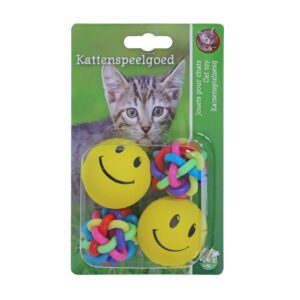 Kattenspeelgoed Smileybal en Knoopbal bevat 2 smileyballen en 2 knoopballen voor lekker rollen, jagen en spelen.