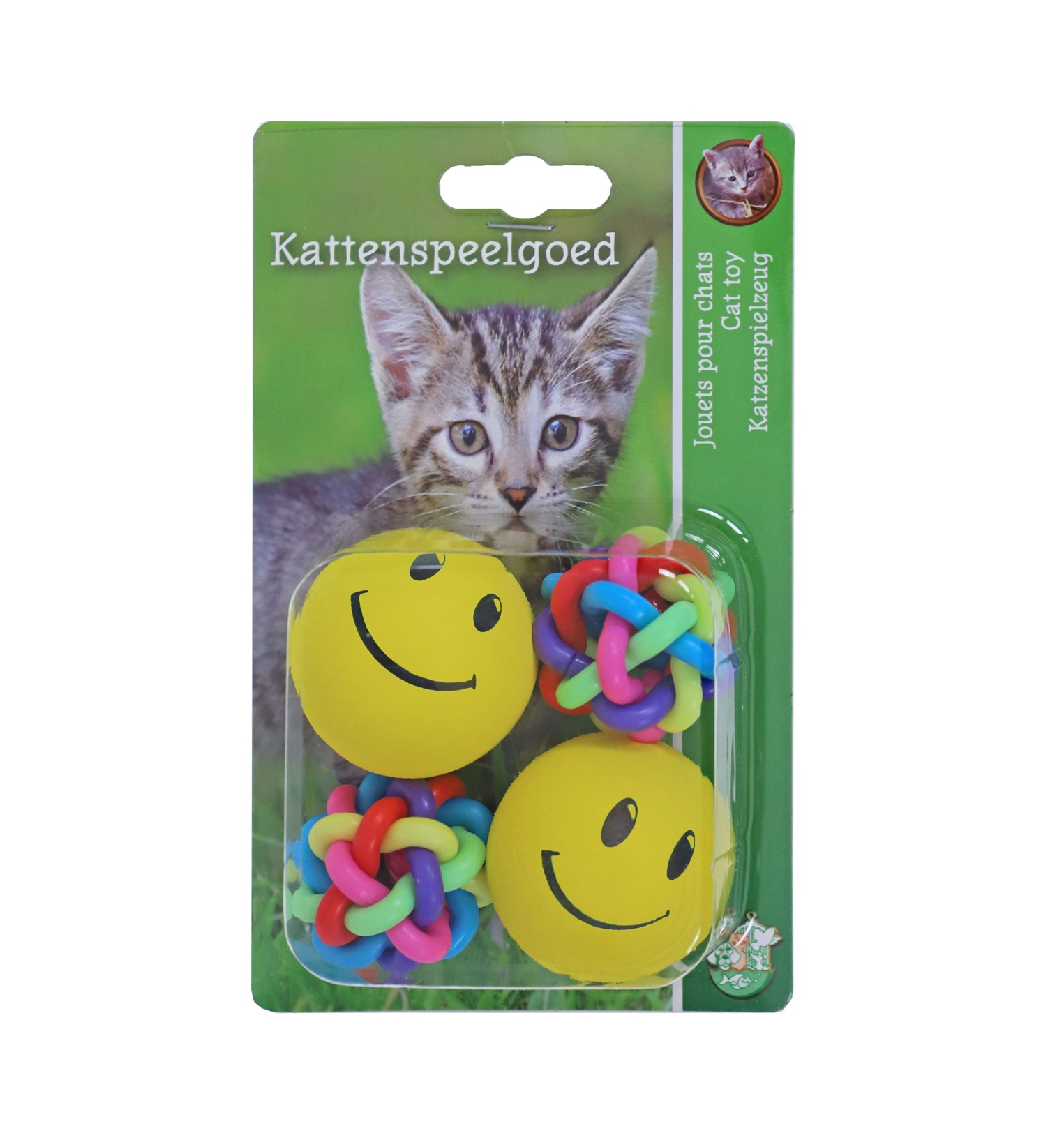 0215597 scaled 1 Kattenspeelgoed Smileybal en Knoopbal bevat 2 smileyballen en 2 knoopballen voor lekker rollen, jagen en spelen.