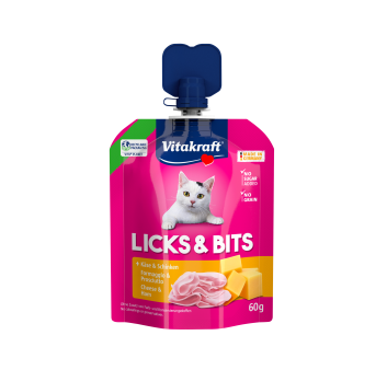 04008239276421 C1N1 s01 Vitakraft Licks & Bits Kaas en Ham 60 gr is een romige kattensnack met zachte stukjes en een heerlijke hartige smaak.