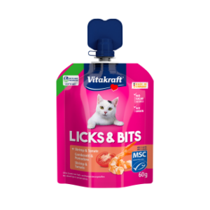 Vitakraft Licks & Bits Garnaal en Tomaat 60 gr is een romige kattensnack met zachte stukjes, zonder toegevoegde suikers en granen.