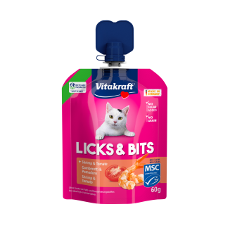 04008239276438 C1N1 s01 Vitakraft Licks & Bits Garnaal en Tomaat 60 gr is een romige kattensnack met zachte stukjes, zonder toegevoegde suikers en granen.