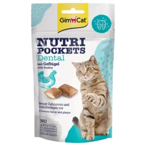 GimCat Nutri Pockets Dental 60 gram zijn knapperige kattensnacks met romige vulling die helpen het gebit gezond te houden.