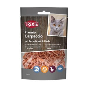 Premio Carpaccio met eendenborst & vis 20 g is een glutenvrije kattensnack met 65,5% eendenborst en 20% witvis.