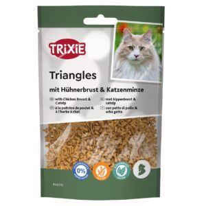 TRIXIE Triangles met Kippenborst en Catnip 50 g bevat 56% kippenborst en 1,9% catnip. Glutenvrij en zonder toegevoegde suikers.
