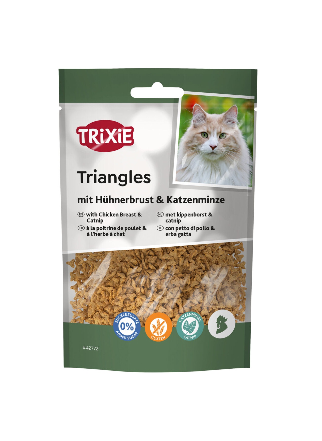 PHO PAC CLIP 42772 1 SALL AWK V1 TRIXIE Triangles met Kippenborst en Catnip 50 g bevat 56% kippenborst en 1,9% catnip. Glutenvrij en zonder toegevoegde suikers.