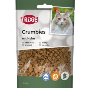 Crumbies met kip 50 g zijn knapperige kattensnacks met 78% vlees, een glutenvrije receptuur en zonder toegevoegde suikers.