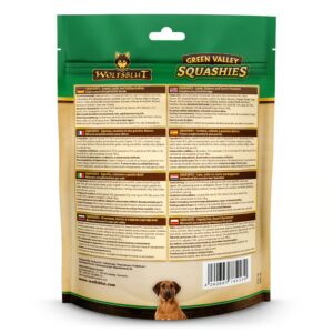 Wolfsblut Squashies Green Valley 300 g zijn zachte, graanvrije hondensnacks met lam en zalm, ideaal als smakelijke beloning.